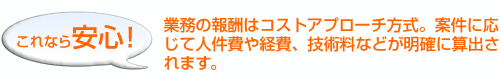 業務の報酬はコストアプローチ方式。案件に応じて人件費や経費、技術料などが明確に算出されます。